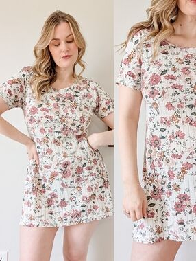 Vintage Floral 90s Ribbed Crewneck Short Sleeve Cottagecore Mini Dress
